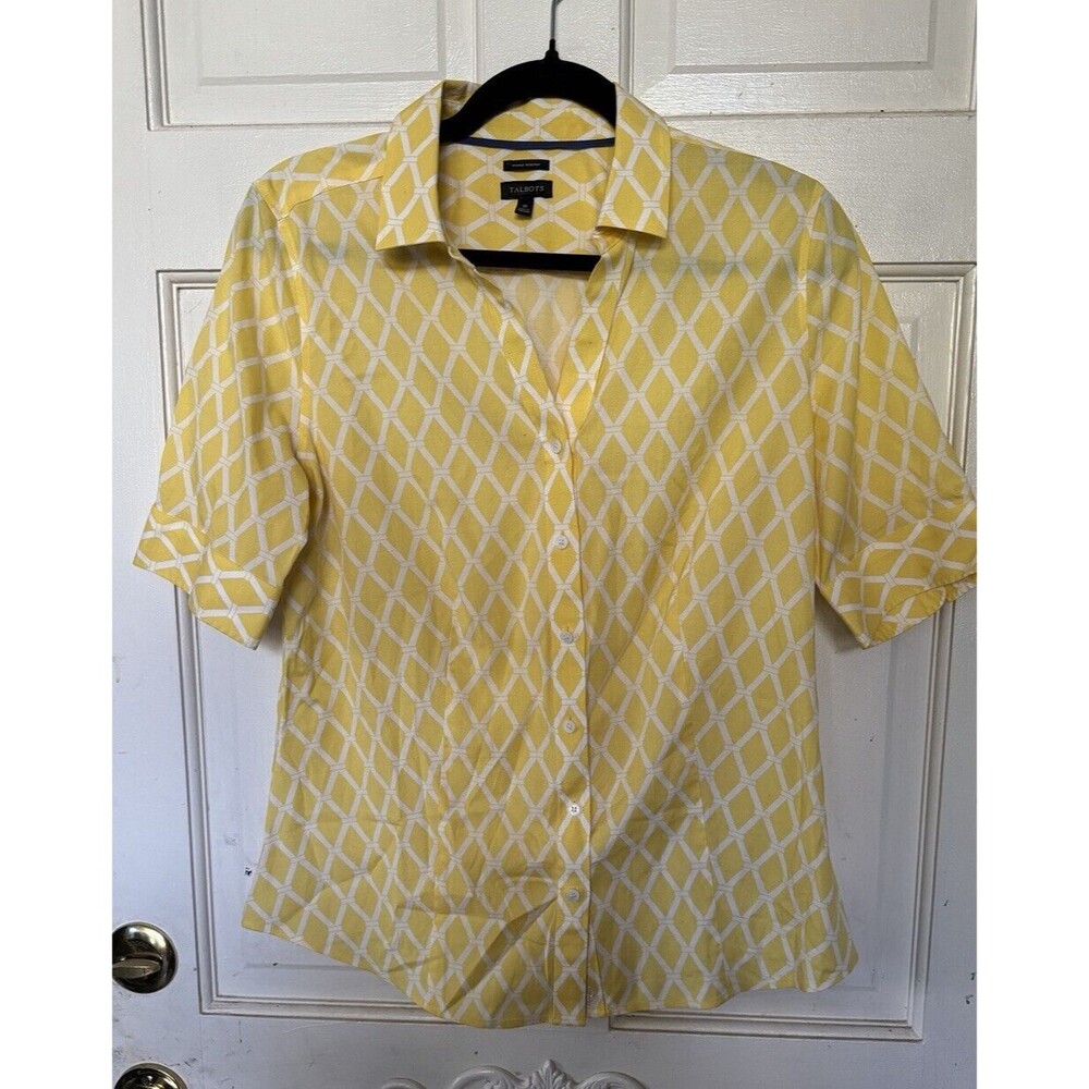 Talbots Yellow Geometric Blouse Wrinkle-Resistant Button Front Size 10 NWT